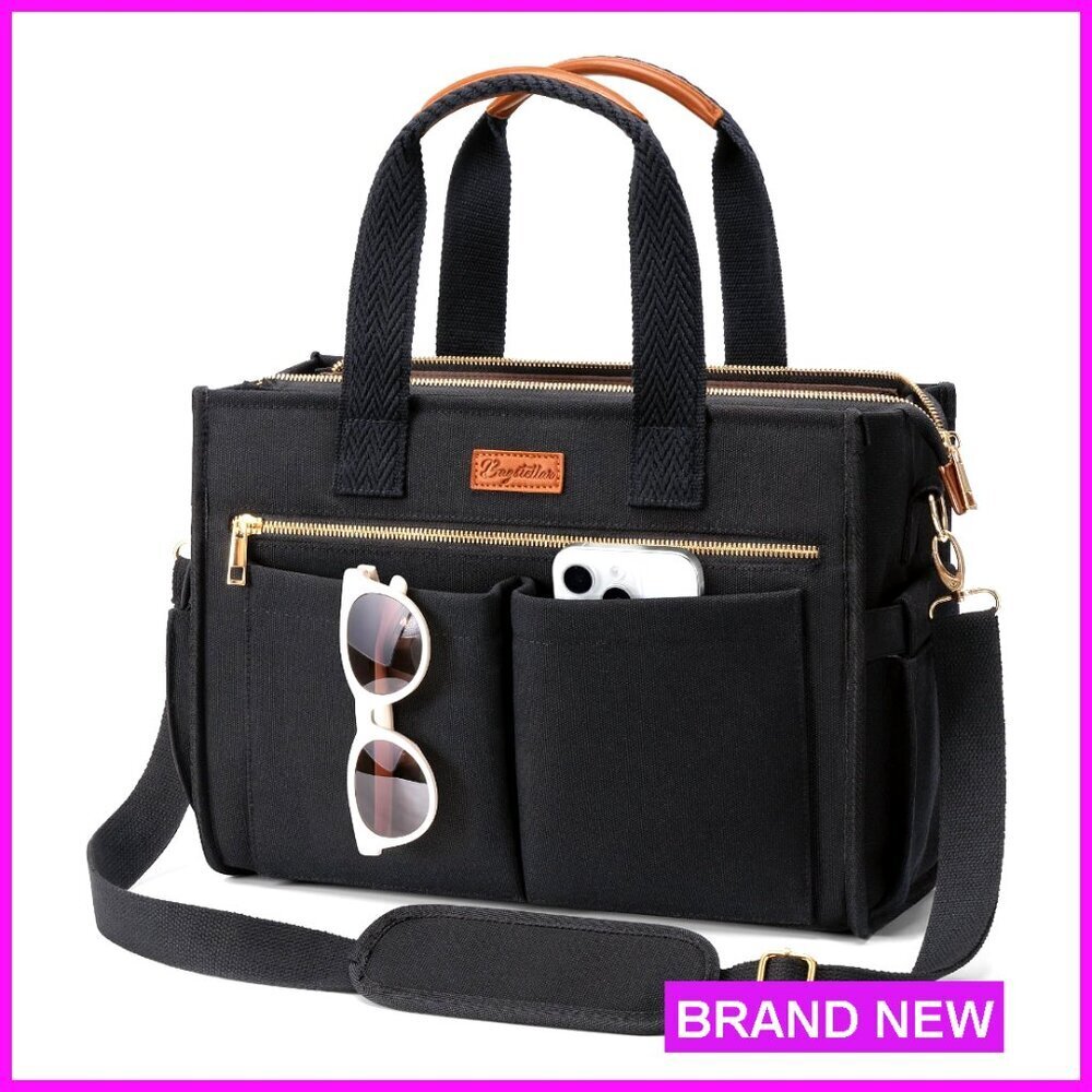 Large Canvas Tote Bag with 15 Pockets, Laptop Compartment, Crossbody Strap
